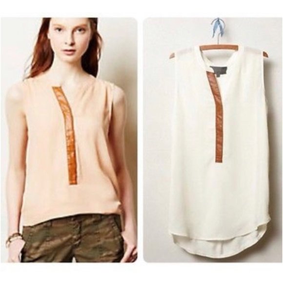 New ANTHROPOLOGIE Anhinga Vegan Leather Tunic Top Sleeveless Cream Brown Sz XS - Picture 2 of 9